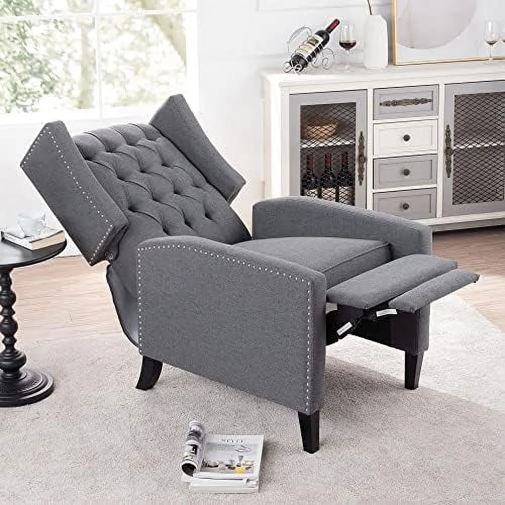 TJUNBOLIFE Pushback Recliner Chair Comfy Wingback Recliner Sofa Chair with Adjustable Backrest Tufted Fabric Accent Armchair with Vintage Rivets Trim
