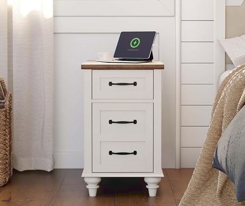 WAMPAT 2 Pack Modern End Table with Charging Station, Side Table with Storage Cabinet for Living Room, Nightstand with Drawer for Bedroom, White/Oak