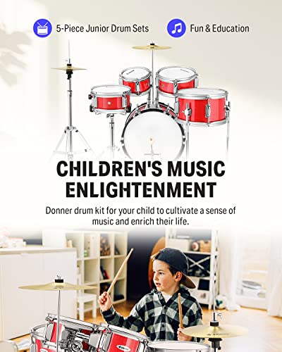 Kid Drum Sets-Donner 5-Piece for Beginners, 14 inch Full Size Complete Junior Drum Kit with Adjustable Throne, Cymbal, Hi-Hat, Pedal & Drumstick