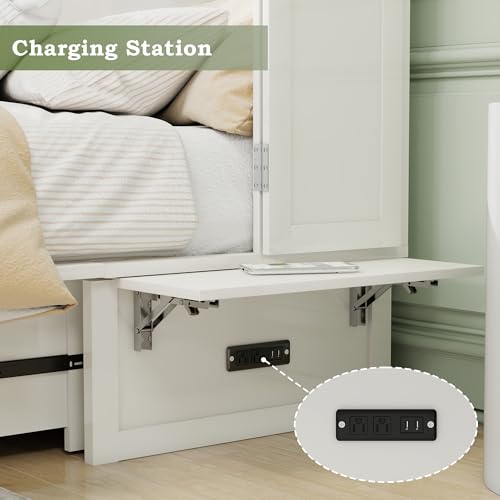Murphy Bed Cabinet Full, Solid Wood Murphy Bed with 2 USB & 2 Charging Ports, Large Storage Drawer for Home Office or Small Space