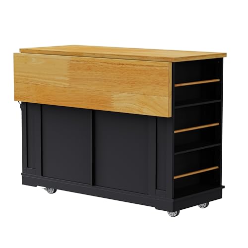 Ball & Cast 48" Large Kitchen Island with Power Outlet,Rolling Kitchen Cart on 5 Wheels W/Drop Leaf and 5 Open Side Racks