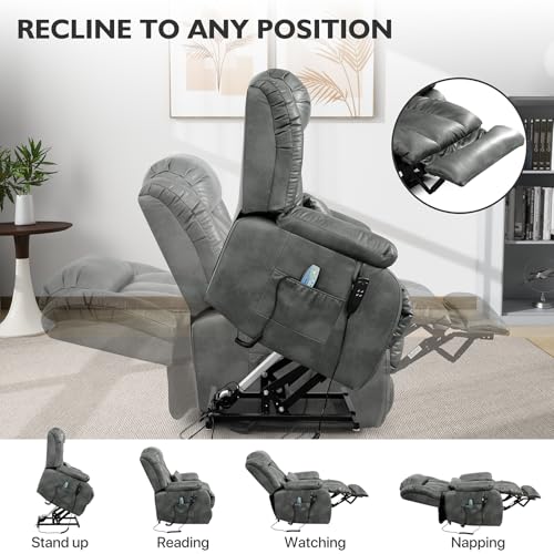 EDILLY Large Genuine Leather Power Lift Recliner Chairs for Elderly, Dual Motor with Massage and Heating,Double Lumbar Cushion and Extended Footrest