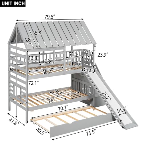 Kids Twin Over Twin Bunk Beds with Slide and Trundle, Solid Wood Bunk Bed Frame with Stairs and Storage