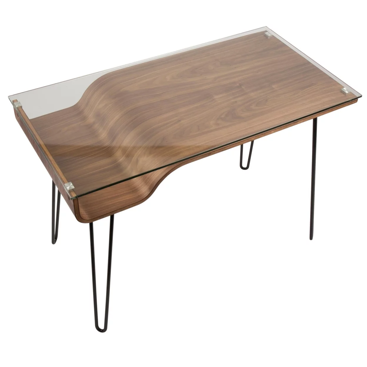 Indoor Home Office Furniture Avery Mid-Century Modern Desk In Walnut Wood, Clear Glass, And Black Metal