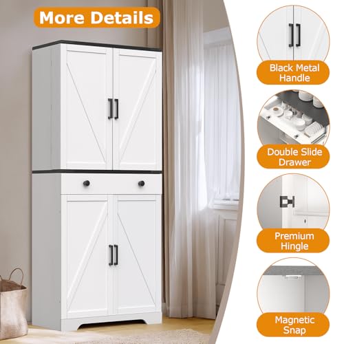 72" Tall Farmhouse Kitchen Pantry Cabinet, Large Storage Cabinet with 6 Adjustable Shelves, 4 Barn Doors & Drawer for Bathroom, Dining Room, Brown