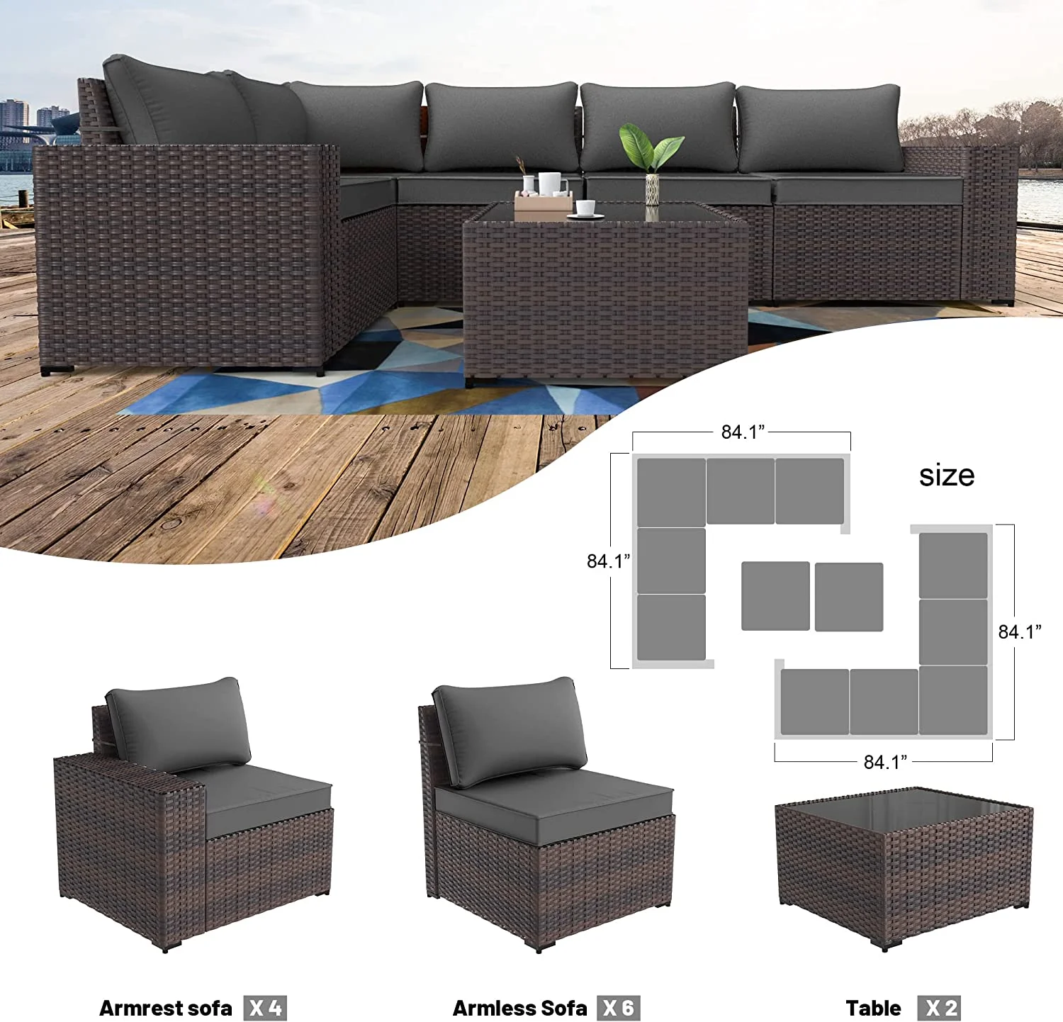 Popular Outdoor Patio Furniture Set 6 Pieces Sectional Rattan Sofa Set Brown PE Rattan Wicker Patio Conversation Set with 5 Navy Blue Seat Cushions