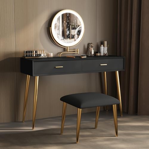 Vanity Desk Set with 360° Rotating Mirror and Lights, Small Makeup Vanity with Microfiber Leather, Vanity Table with 3 Lighting Modes, 2 Drawers