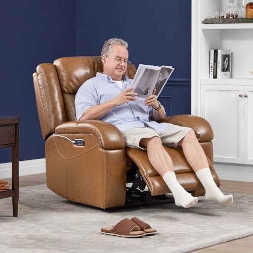 Watson & Whitely Genuine Leather Power Recliner Chairs for Adults, Wall Hugger RV Recliner with Power Headrest & Charging Ports