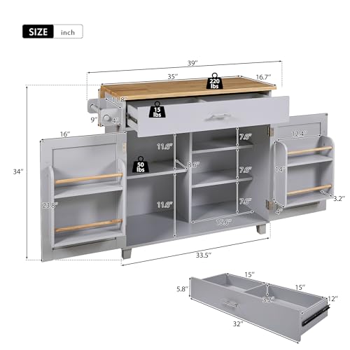 53.5''Farmhouse Kitchen Island with Power Outlet, Kitchen Storage Island with Drop Leaf, Spice Rack and Drawer, Rolling Kitchen Cart on Wheels