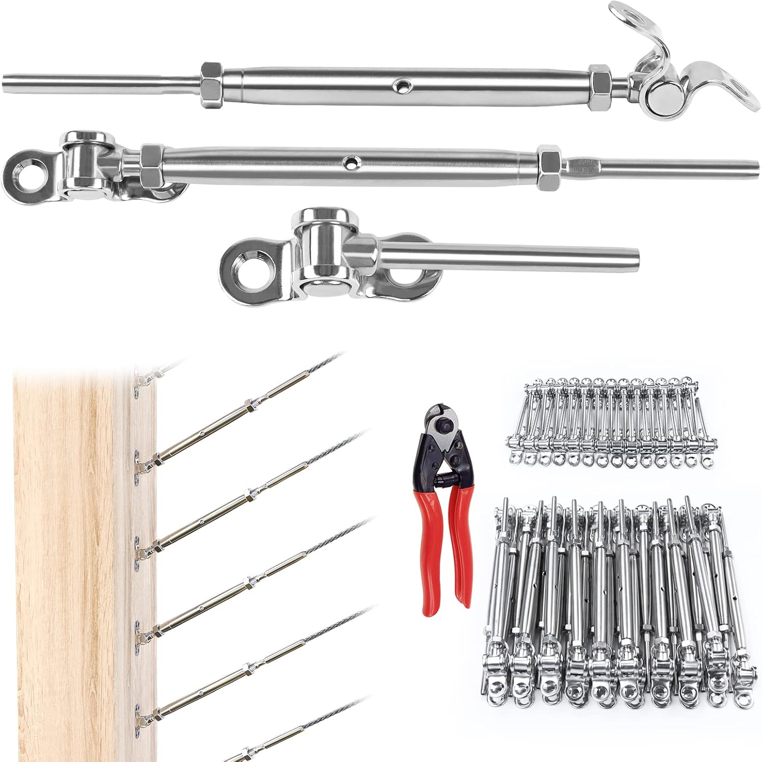 Muzata 32Set Cable Railing Kit 1/8 Swage Toggle Turnbuckle Hardware T316 Stainless Steel for Wood Post WoodEasy System Angle 180��Adjustable Stairs