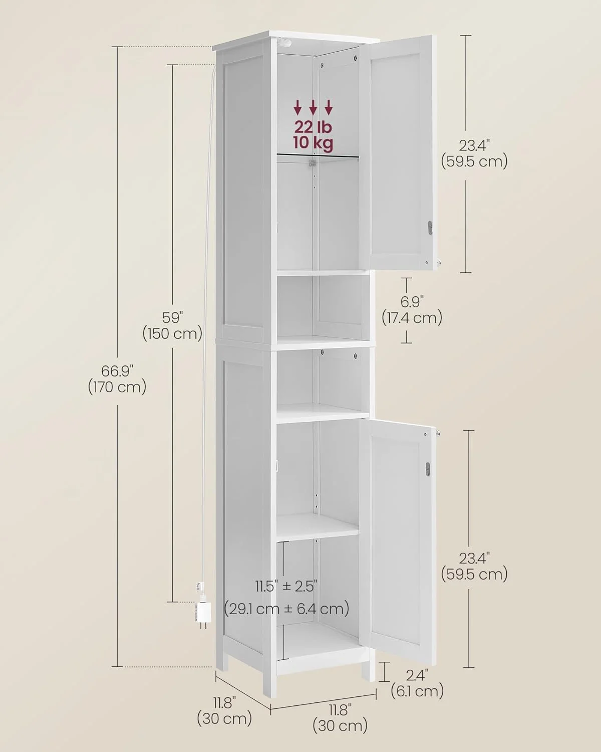 QCAI Tall Bathroom Cabinet with Lights, Slim Bathroom Storage Cabinet, Freestanding Narrow Cabinet with Adjustable Shelves, Open compartments