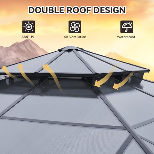 Aoxun 12'x16' Hardtop Gazebo, Aluminum Frame Permanent Pavilion with Netting and Curtains, Outdoor Polycarbonate Double Roof Canopy