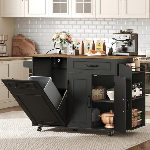 Kitchen Island with Power Outlet & Drop Leaf, Mobile Rolling Cart with Trash Can Storage, 3-Tier Spice Rack,Island Table for Kitchen, Dining Room
