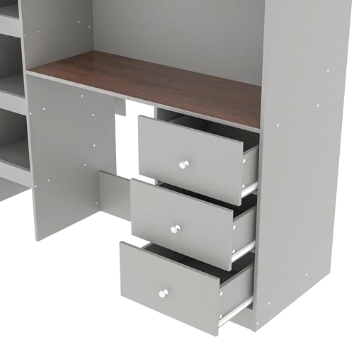 Harper & Bright Designs Full Size Loft Bed with Desk, Wood Full Loft Bed Frame with Built-in Wardrobe, Storage Shelves and Drawers, Gray