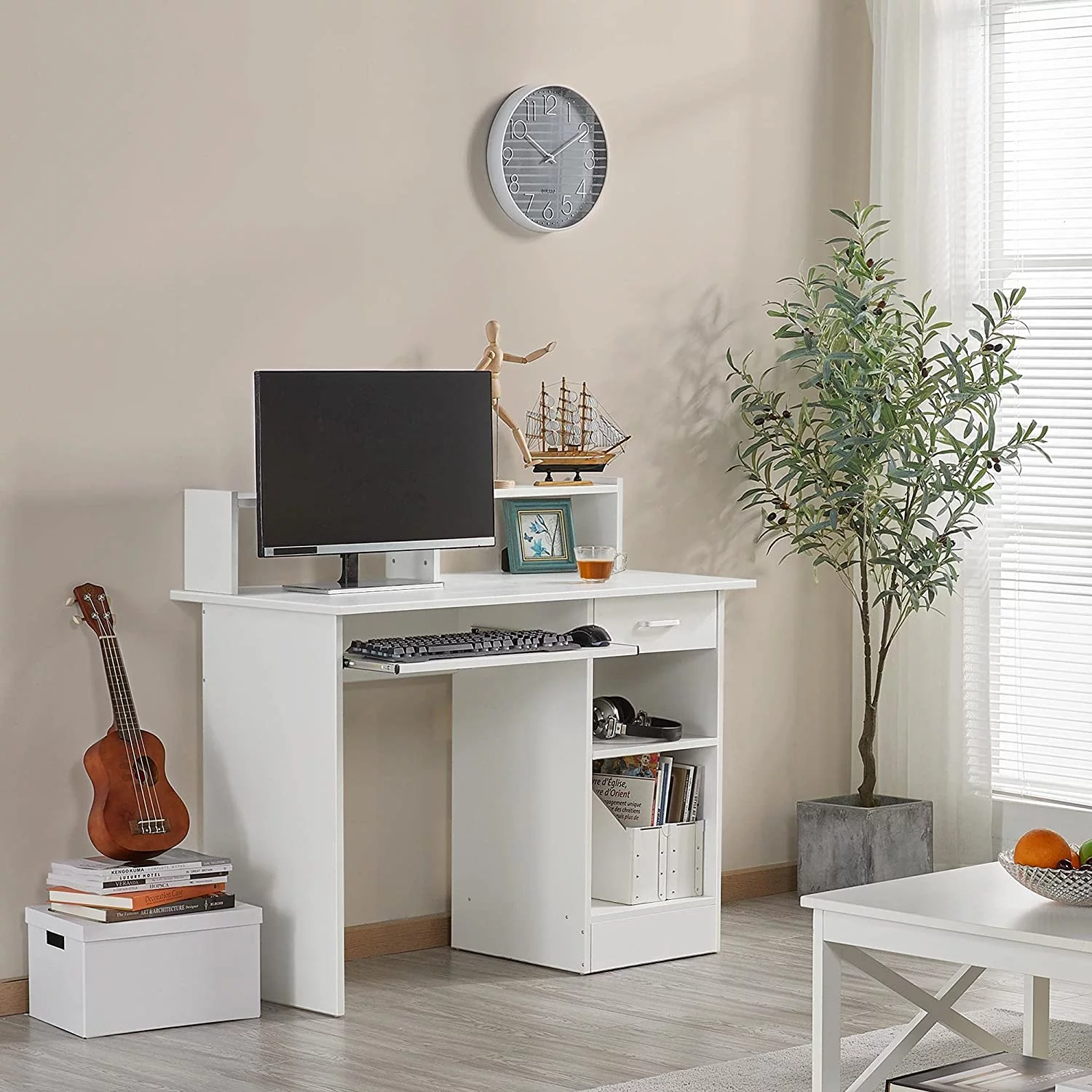 Home Office Wood Computer Desk with Keyboard Tray and Drawers, Students Writing Table with Storage Drawers & Hutch, Modern PC Laptop Desk