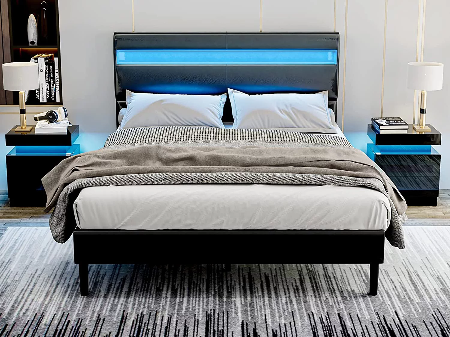 IKIFLY Black Modern LED Nightstand with 2 Drawers/High Gloss Bedside Tables with Changing LED Lights/End Side Table for Bedroom Living Room Furniture