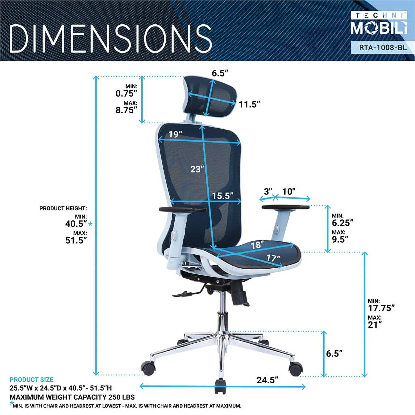 Scranton & Co High-Back Executive Fabric Mesh Office Chair with Arms in Blue