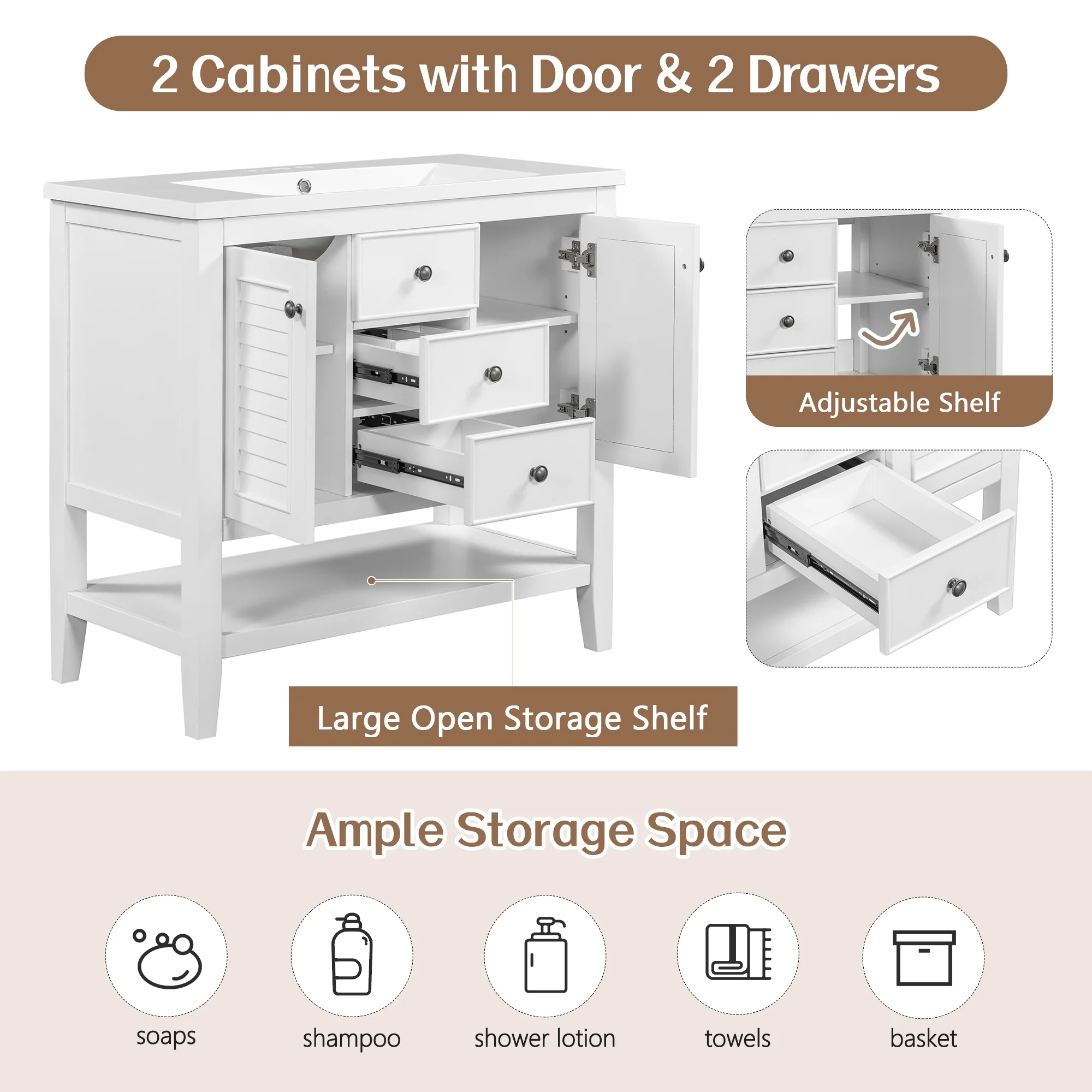 EUROCO 36" Bathroom Vanity with Ceramic Basin,Modern Freestanding Bathroom Storage Cabinet with 3 Drawers , 2 Doors and Open Shelf,Solid Wood Frame