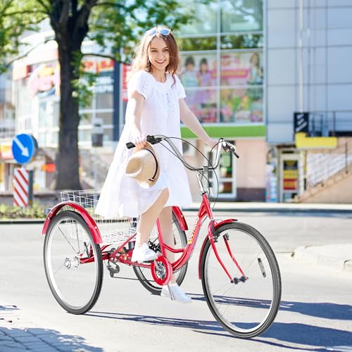 7-Speed Adult Tricycle with Large Basket 24/26 Inch, Stable 3-Wheel Cruise Bicycle for Shopping, Beach and City Trike Perfect for Men, Women