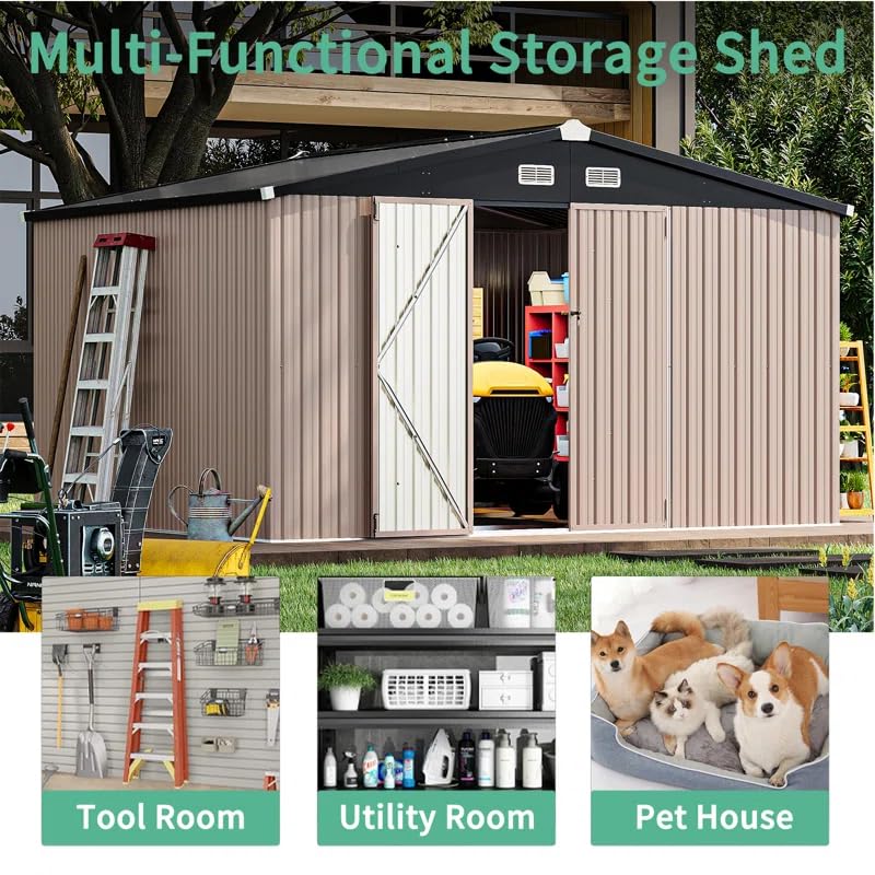 GVDV 10X12 FT Outdoor Storage Shed, Durable Metal Outside Storage for Garden, Patio and Backyard, Waterproof Shelter for Tools, Equipment