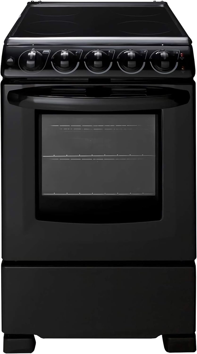 Summit Appliance REX2051BRT 20" Wide Electric Smooth-Top Range Oven, Black; Smooth Ceramic Glass Top, Removable Backguard, 4 Cooking Zones