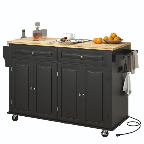 Kitchen Cart with Wood Top and Drop Leaf Breakfast Bar, Rolling Mobile Kitchen Island Table on Wheels with Drawer and Storage Cabinet, Spice Rack