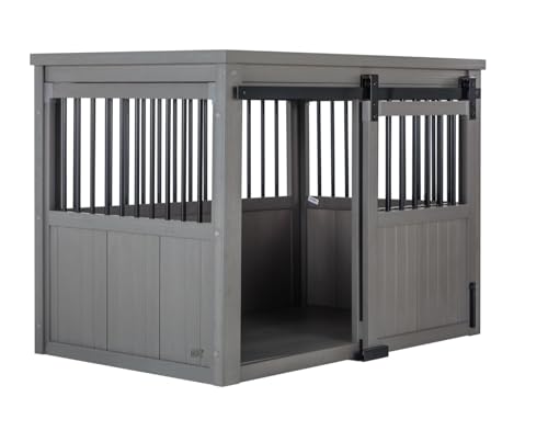 New Age Pet® ECOFLEX® Homestead Sliding Barn Door Furniture Style Dog Crate -Grey, Large (EHDBC15-05L) - Stylish, Durable, Removable Cushions