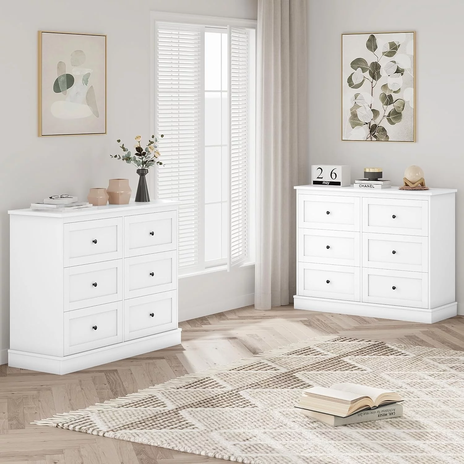 White Dresser  6 Drawer Dresser White   Double Chest with Deep Drawers  Wide  Organizer Cabinet for Living Room