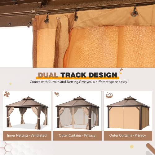 EROMMY 12'x20' Hardtop Gazebo Double Roof Galvanized Steel Canopy Outdoor Aluminum Frame Permanent Metal Pavilion with Netting and Curtains for Patio