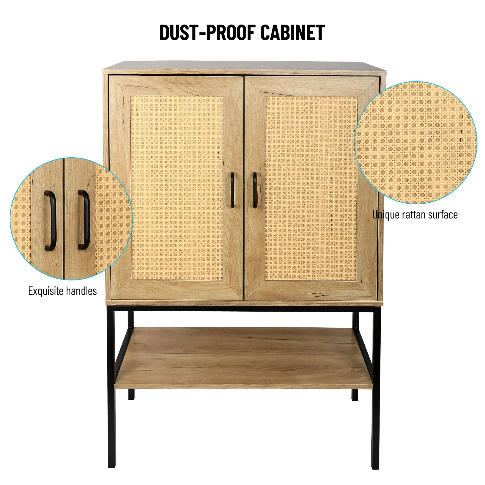 Dcenta Elegant Cabinet with 2 Rattan Doors Bedroom Living Room Kitchen Cupboard Wooden Furniture with Bottom Shelf Easy Assembly Natural Color