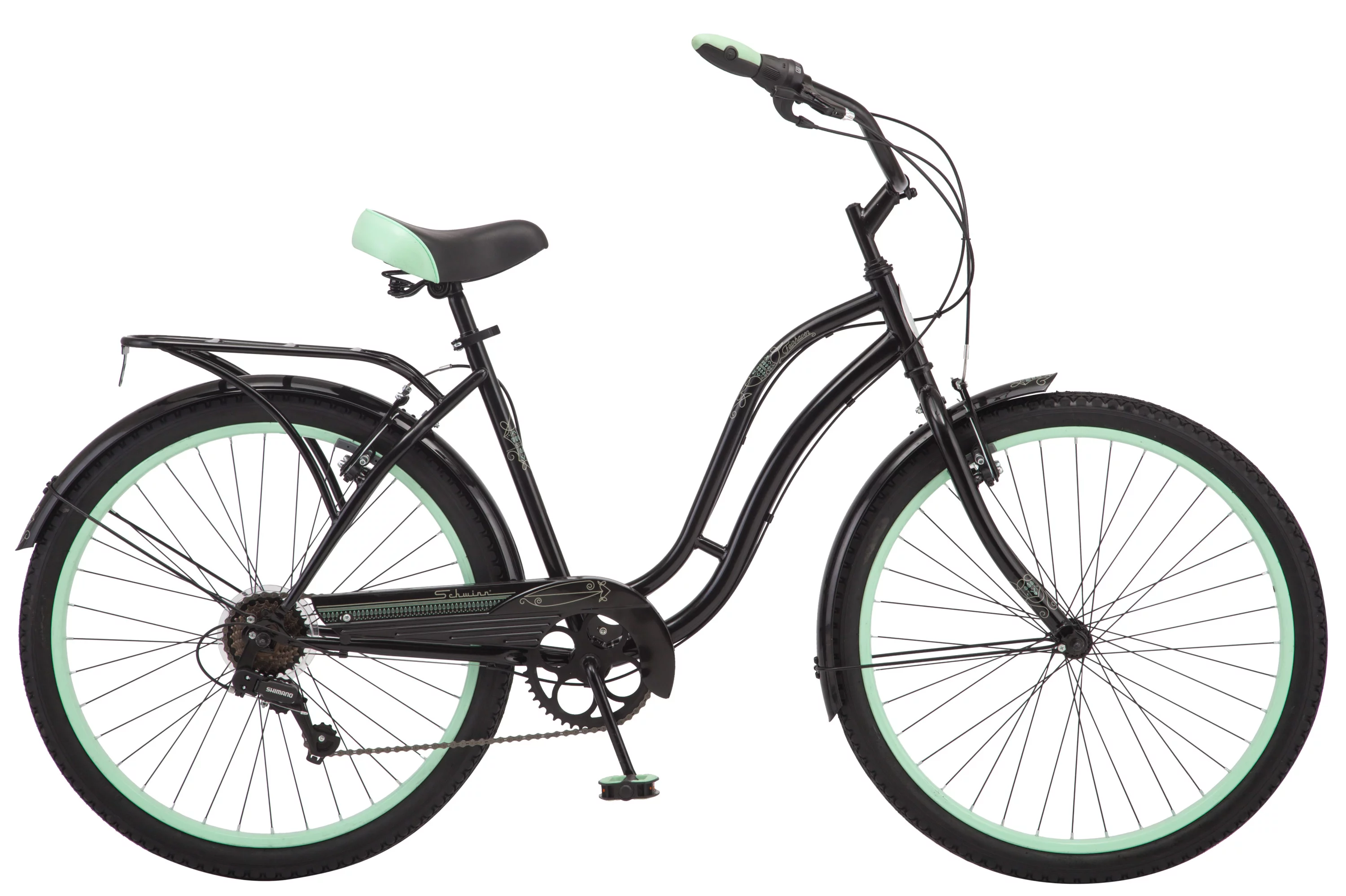 Schwinn Fairhaven Cruiser Bike, 26-inch wheels, 7 speeds, womens frame, Black / Green - Radiant Selections