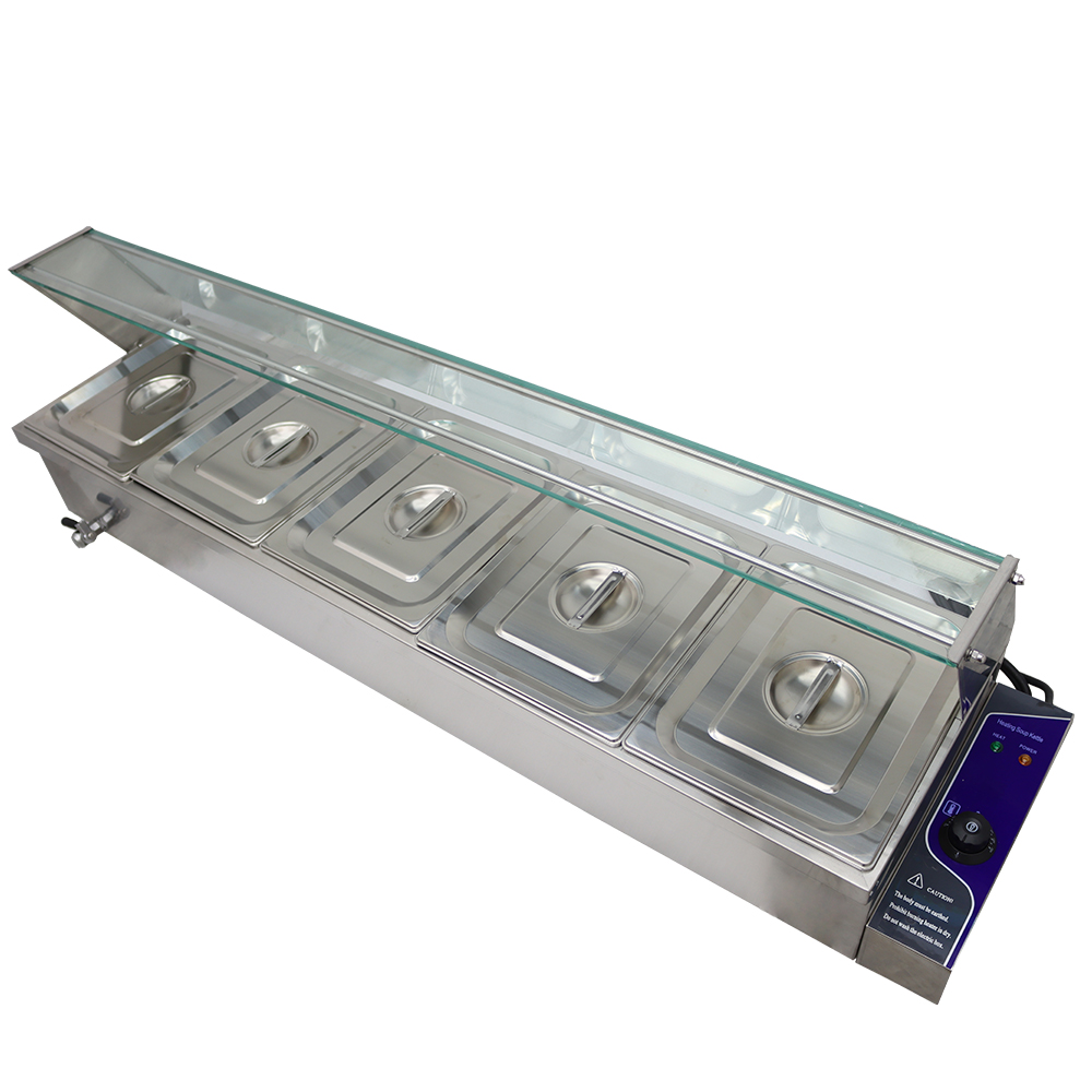 TECHTONGDA Buffet Food Warmer Stainless Steel Bain Marie Buffet Countertop 5 Pan Electric Steam Heater 6"Deep with Glass Shield