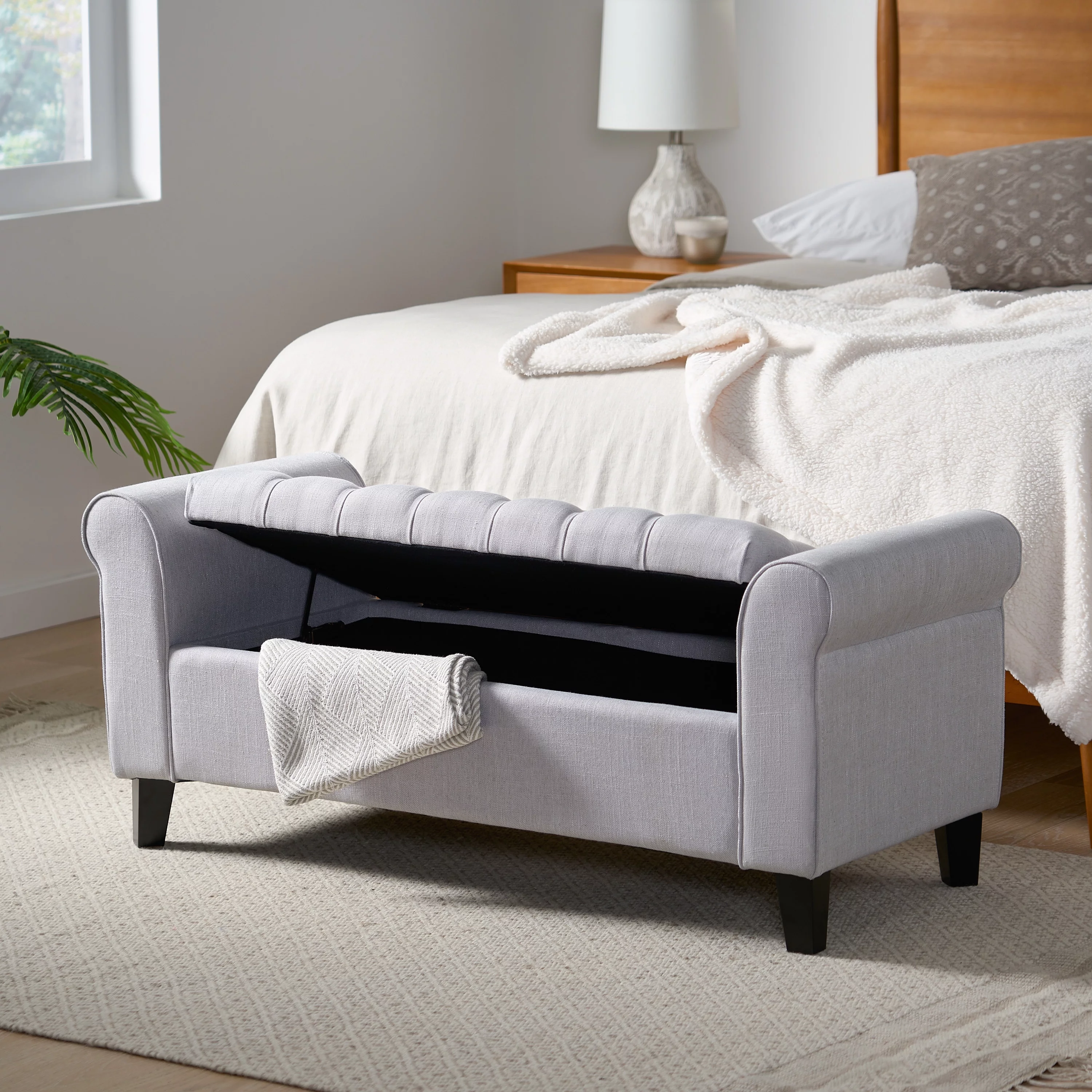 Noble House Sheffield Contemporary Rolled Arm Fabric Storage Ottoman Bench, Light Gray and Dark Brown - Radiant Selections