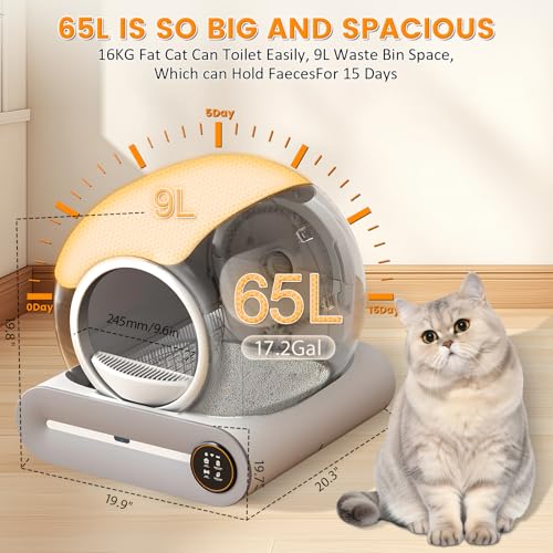 Self Cleaning Cat Litter Box, 65L+ 9 L Extra Large Robot Automatic Litter Box for Multiple Cats, APP Control