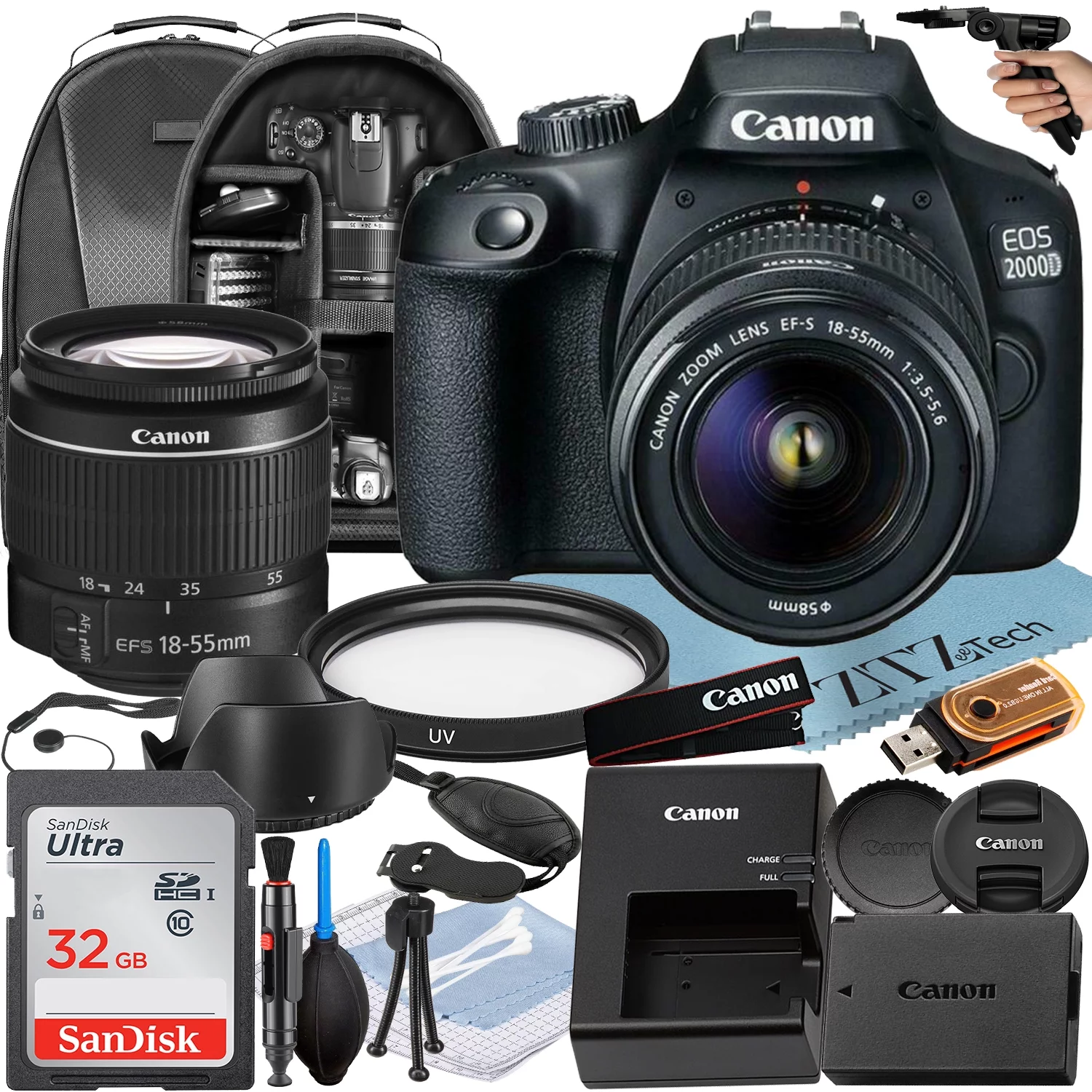 Camera EOS 2000D (Rebel T7) DSLR Bundle: Includes 18-55mm Zoom Lens + SanDisk 32GB  Memory Card + Backpack + UV Filter and More