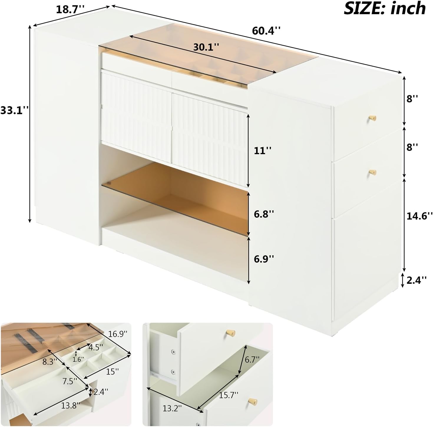 Wardrobe Armoire Bedroom Island with Glass Top, Closet Island with 6 Drawers, 3 Cabinets