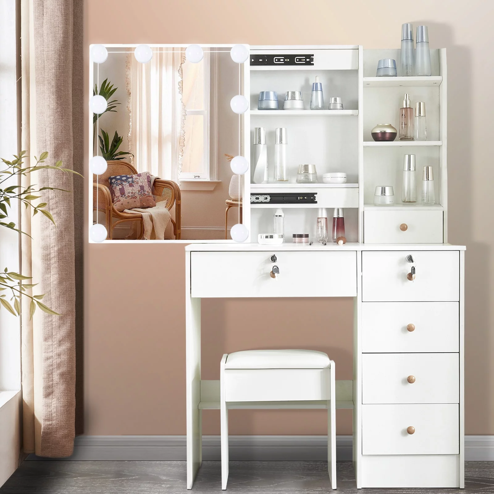 Yamissi Modern Makeup Vanity for Bedroom, Vanity Desk with LED Lighted Sliding Mirror and Stool, Makeup Table with Storage Shelves and Drawers