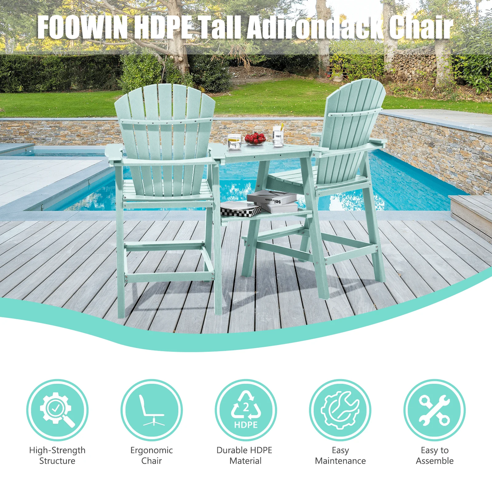 Tall Adirondack Chairs Set of 2 .Outdoor Adirondack Barstools with Double Connecting Tray Patio Stools Weather Resistant for Outdoor Deck Lawn Pool