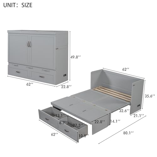 Harper & Bright Designs Full Size Murphy Bed Cabinet Wall Bed, Solid Pine Murphy Bed Chest with USB Ports