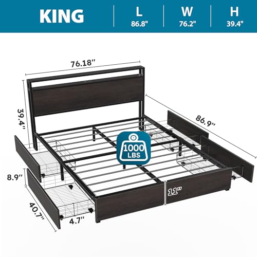 Full Size Bed Frame with Headboard, LED Platform Bed with 4 Storage Drawers, Built in Charging Station, Noise-Free, Metal Support Base