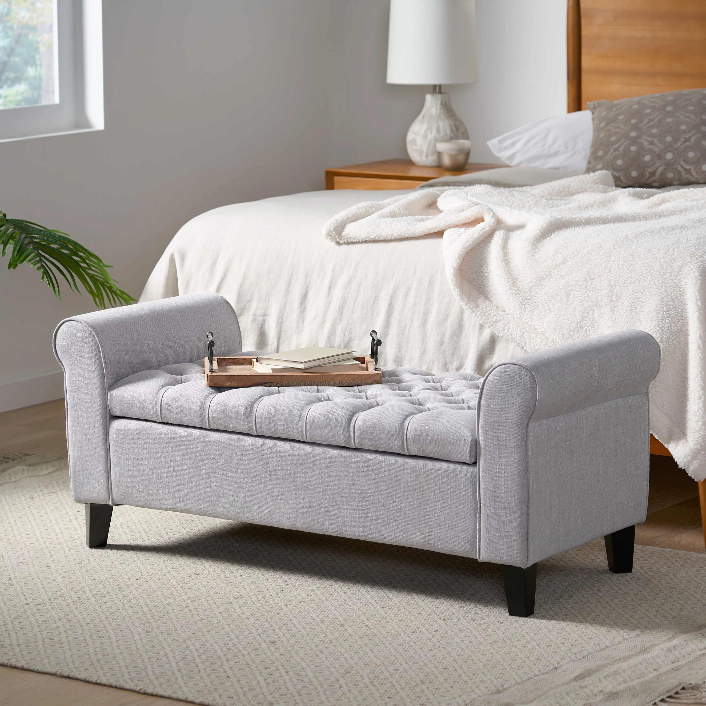 Noble House Sheffield Contemporary Rolled Arm Fabric Storage Ottoman Bench, Light Gray and Dark Brown - Radiant Selections