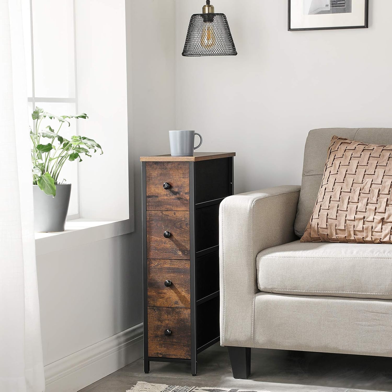 SONGMICS Narrow Dresser, Vertical Storage Unit with 4 Fabric Drawers, for Small Spaces and Gaps, Metal Frame, Slim Storage Tower, for Living Room