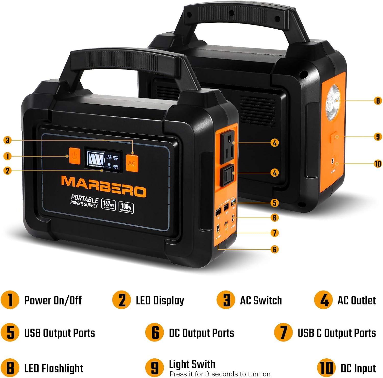 MARBERO 167Wh Portable Power Station, 45000mAh Solar Generators Lithium Battery Power Supply with 110V AC Outlet, 2 DC Ports, 4 USB Ports