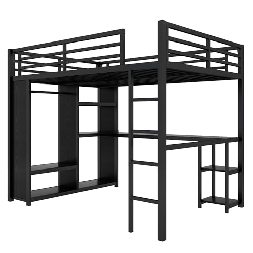 Bellemave Queen Size loft Bed with L Desk, Wardrobe, Metal Queen Loft Bed Frame for Adults, Kids, Teens, Black