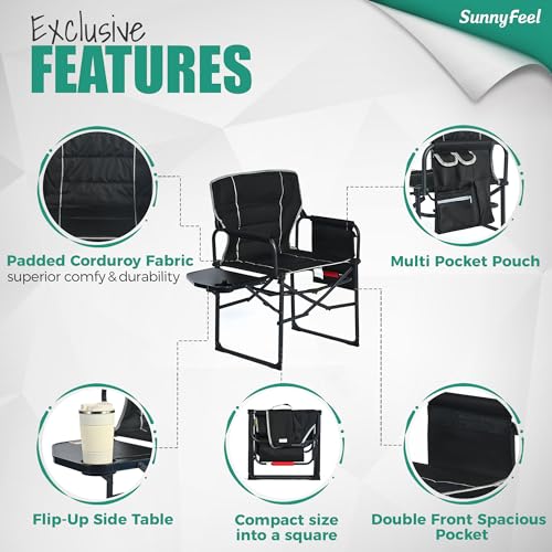 SUNNYFEEL Oversized Camping Directors Chair 2 Pack, Portable Folding Lawn Chairs for Adults Heavy Duty with Side Table,Pocket for Beach, Fishing