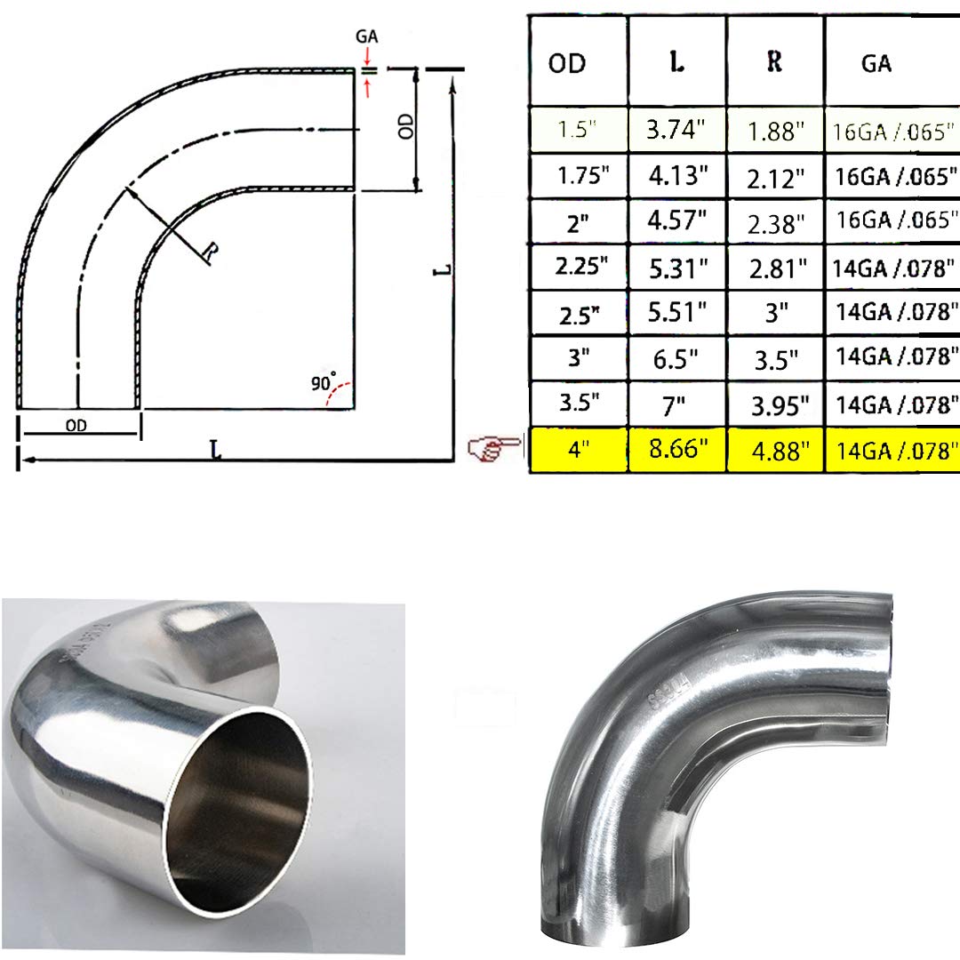 Stainless 4" 90 Degree Mandrel Bend Elbow - 14GA/.078" Wall - 1.5" Leg - SS304 Stainless Steel Exhaust Elbow Piping for Car Exhaust Pipe Modified