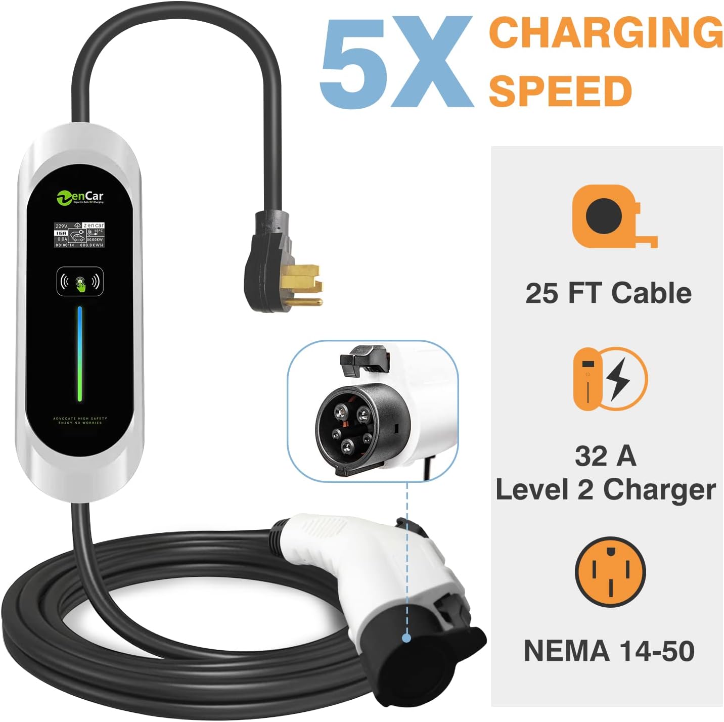 Keruida Level 2 EV Charger 32Amp 240V, Portable EV Charger with NEMA 14-50 Plug SAE J1772 Cable, Home EV Charging Station Adjustable Currents 10A-32A