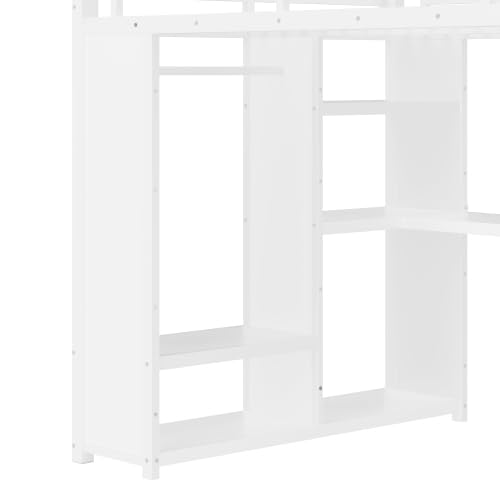 Metal Loft Bed with Wardrobe and L-Shaped Desk, Full Size Loft Bed with Storage Cubes and Shelves, Heavy Duty Loft Bed for Kids Teens, White