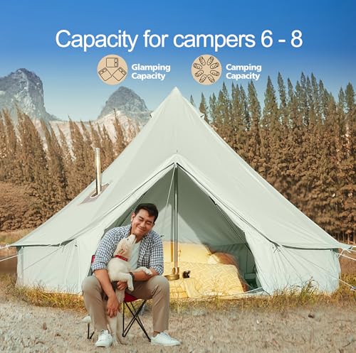 Cotton Canvas Bell Tent, Waterproof Large Tents with Sturdy Center & Door Pole and Space for 4/6/8 Person All 4 Season Camping Yurt Tent
