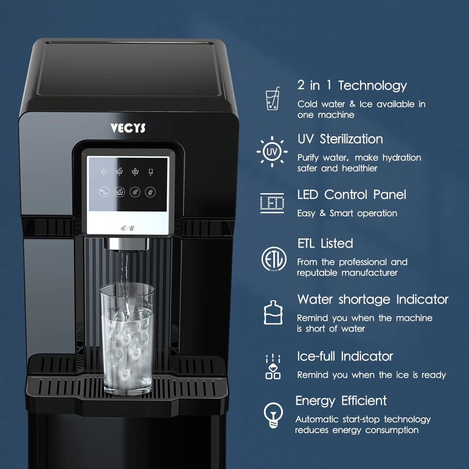 VECYS Water Dispenser with Ice Maker, 26LBS Daily Ice Making and Cold Water Supply, Bottom Loading Cooler Compatible with 3 or 5 Gallon Bottles